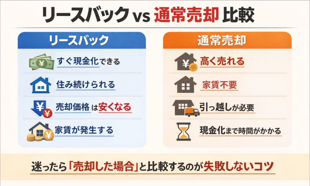 リースバックと通常売却の違いを比較した図｜売却価格・家賃・現金化スピードの違い